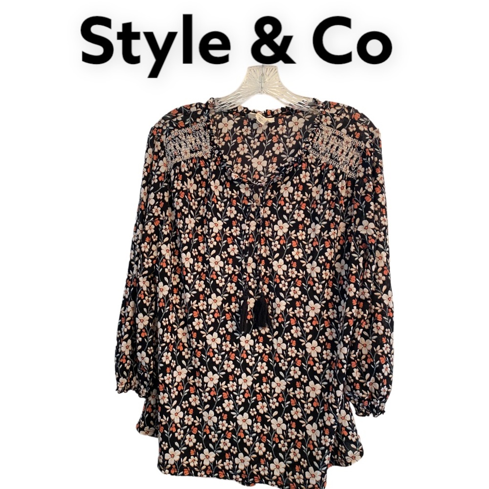 Style & Co  Boho Floral 3/4 Poufy Sleeve Top Black L